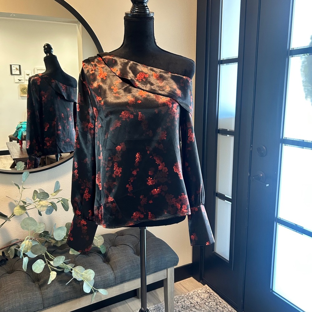 Worthington Women Red Floral One Shoulder Satin Blouse Black Long Sleeve NWT S